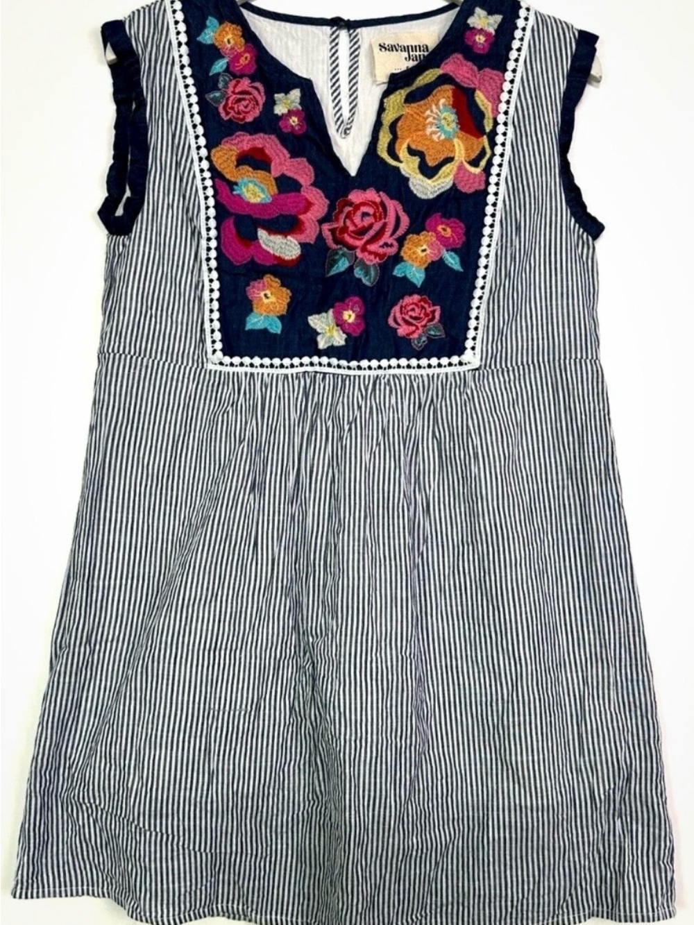 Savanna Jane Navy Striped Dress with Bright Floral Embroidery Boho Size 1X